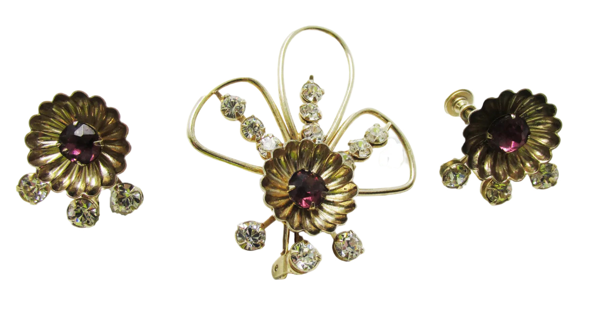 Vintage 1940s Clear and Purple Rhinestone Gold Pin and Earrings Set - Front