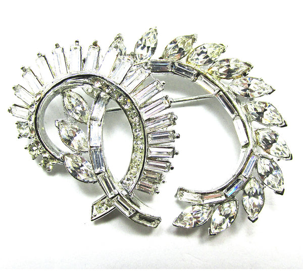 Signed 1940s CoroCraft Designer Clear Diamante Floral Spray Pin - Front