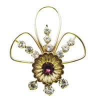 Vintage 1940s Clear and Purple Rhinestone Gold Pin and Earrings Set - Pin - Thumbnail