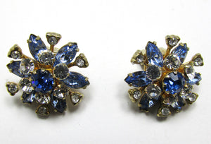 Signed 1950s Coro Designer Vintage Floral Diamante Button Earrings - Front