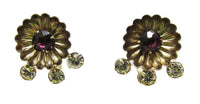 Vintage 1940s Clear and Purple Rhinestone Gold Pin and Earrings Set - Earrings - Thumbnail