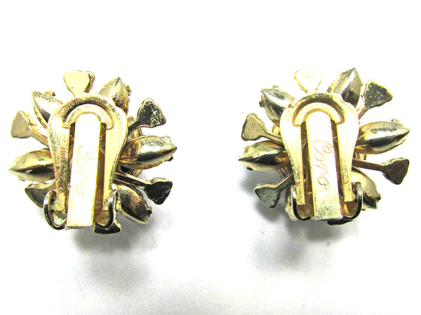 Signed 1950s Coro Designer Vintage Floral Diamante Button Earrings - Back