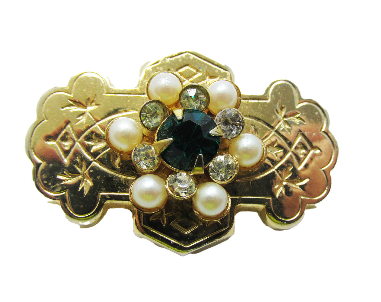 Vintage 1950s Clear and Green Rhinestones with Pearls Gold Pin - Front