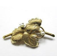 1940s Vintage Marked Retro Ivory Pearl and Gold-Filled Leaf Pin - Front - Thumbnail
