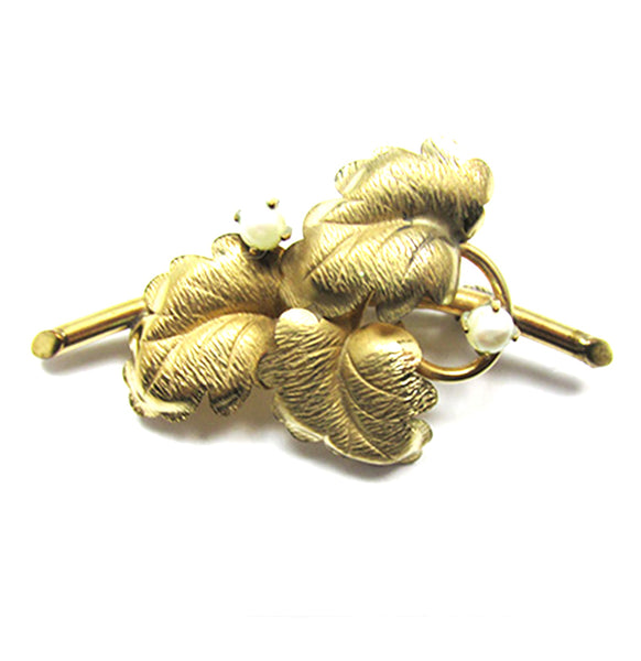 1940s Vintage Marked Retro Ivory Pearl and Gold-Filled Leaf Pin - Front