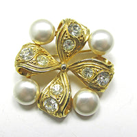 Unique 1960s Vintage Retro Diamante and Ivory Faux Pearl Gold Pin - Front - Thumbnail