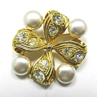 Unique 1960s Vintage Retro Diamante and Ivory Faux Pearl Gold Pin - Front - Thumbnail