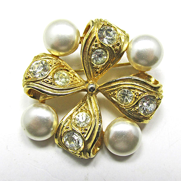 Unique 1960s Vintage Retro Diamante and Ivory Faux Pearl Gold Pin - Front