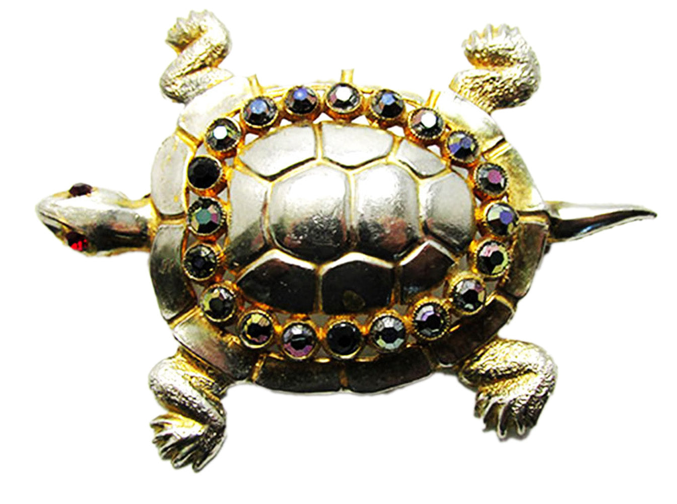 Vintage 1950s Aurora Borealis Rhinestone Gold Figural Turtle Pin - Front