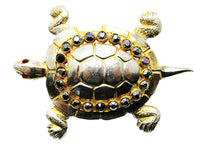 Vintage 1950s Aurora Borealis Rhinestone Gold Figural Turtle Pin - Front - Thumbnail
