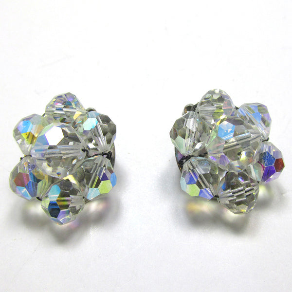 Vintage 1950s, Luminous Eye-Catching Crystal Bead Button Earrings - Front
