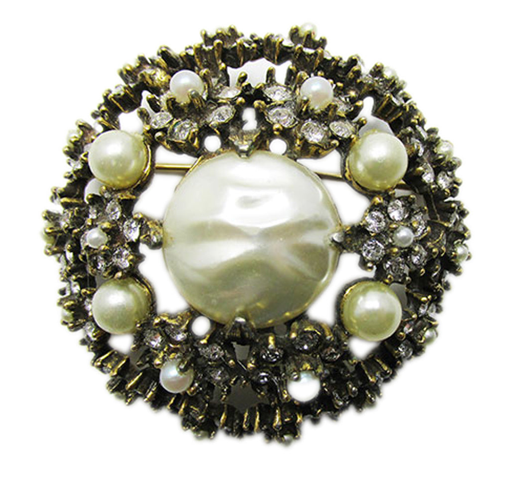 Signed Jeanne Vintage 1950s Clear Rhinestone and Pearl Dome Pin - Front
