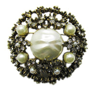 Signed Jeanne Vintage 1950s Clear Rhinestone and Pearl Dome Pin - Front Close Up - Thumbnail