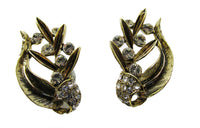 Vintage Gold Floral Clip-On Earrings with Rhinestones|1960 Mid-Century - Close Up - Thumbnail