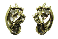 Vintage Gold Floral Clip-On Earrings with Rhinestones|1960 Mid-Century - Back - Thumbnail