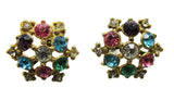 Vintage 1950s Mid-Century Multicolored Rhinestone and Gold Earrings  Front