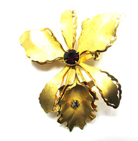1950s Exotic Vintage Mid-Century Diamante and Gold Orchid Pin - Front - Thumbnail