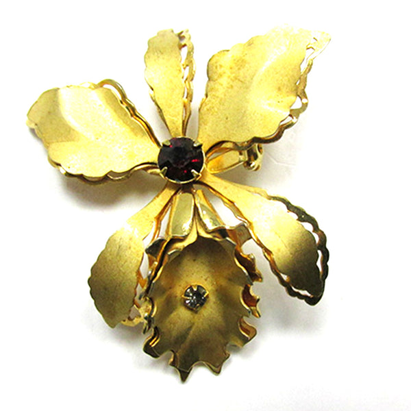 1950s Exotic Vintage Mid-Century Diamante and Gold Orchid Pin - Front