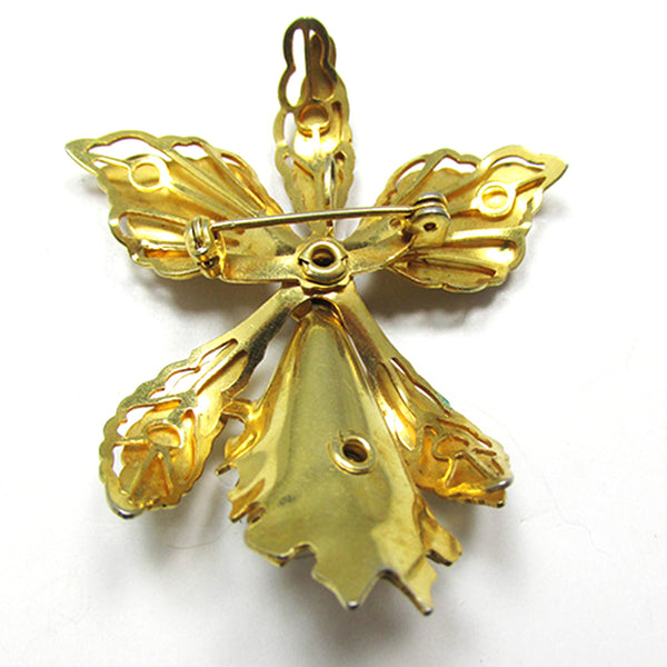 1950s Exotic Vintage Mid-Century Diamante and Gold Orchid Pin - Back