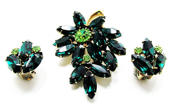 Vintage 1950s Emerald and Peridot Rhinestone Floral Pin and Earrings - Front