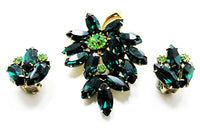Vintage 1950s Emerald and Peridot Rhinestone Floral Pin and Earrings - Front - Thumbnail