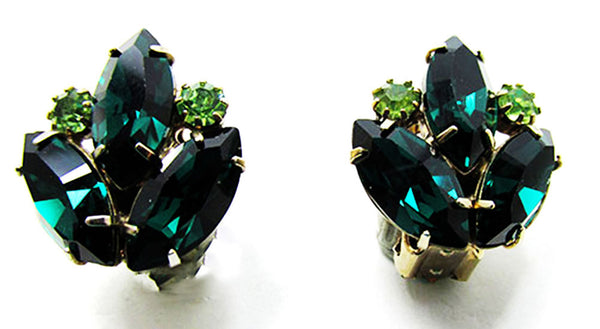 Vintage 1950s Emerald and Peridot Rhinestone Floral Pin and Earrings - Earrings