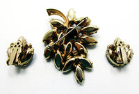 Vintage 1950s Emerald and Peridot Rhinestone Floral Pin and Earrings - Back - Thumbnail