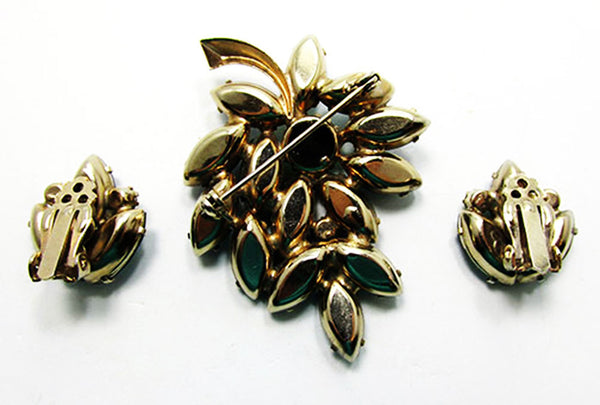 Vintage 1950s Emerald and Peridot Rhinestone Floral Pin and Earrings - Back