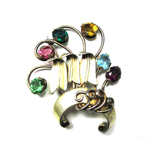 Rare Vintage 1940s Signed EYF Rhinestone & Sterling Vermeil Floral Pin - Front