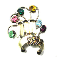 Rare Vintage 1940s Signed EYF Rhinestone & Sterling Vermeil Floral Pin