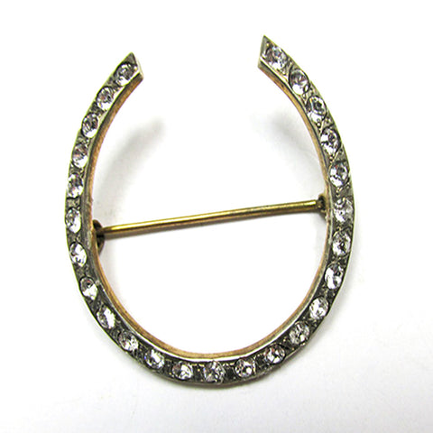 Vintage 1950s Sterling Vermeil and Clear Rhinestone Horse-Shoe Shaped Pin - Front
