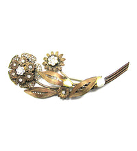 1940s Vintage Cannetille Work Diamante and Pearl Floral Spray Pin - Front - Thumbnail