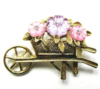 Mid-Century 1960s Adorable Vintage Diamante Floral Wheelbarrow Pin - Front - Thumbnail
