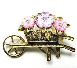 Mid-Century 1960s Adorable Vintage Diamante Floral Wheelbarrow Pin - Front