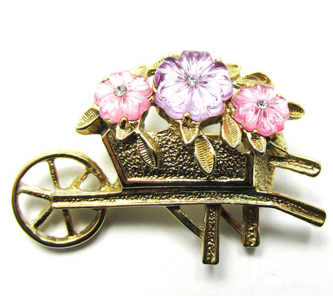 Mid-Century 1960s Adorable Vintage Diamante Floral Wheelbarrow Pin - Front