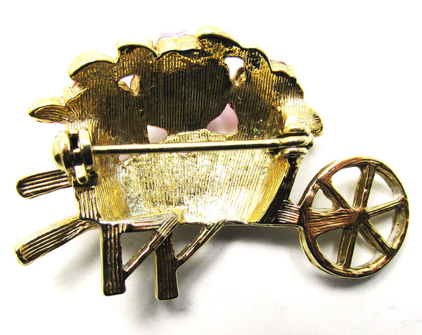 Mid-Century 1960s Adorable Vintage Diamante Floral Wheelbarrow Pin - Back