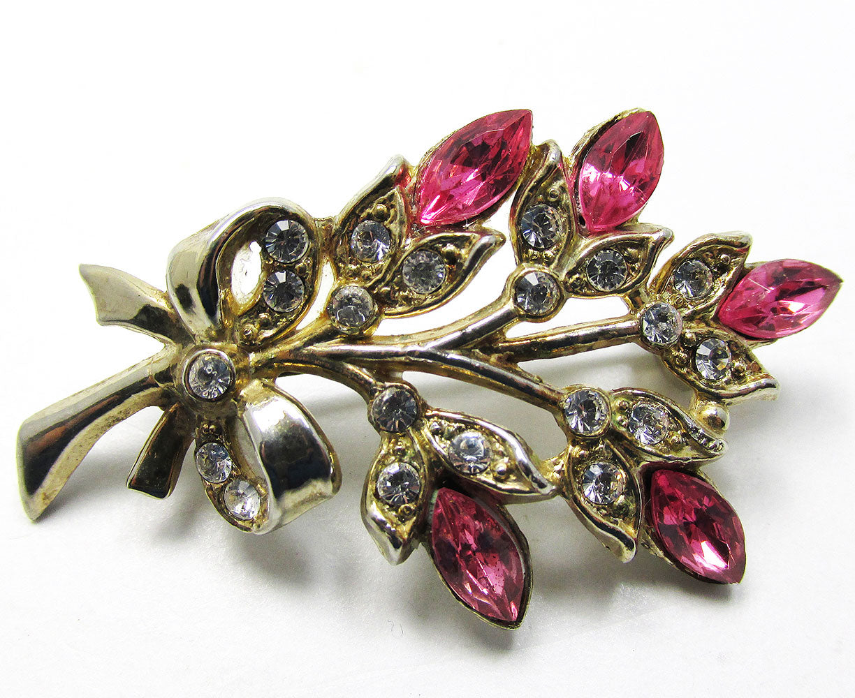 Dainty Vintage 1950s Mid-Century Diamante Floral Spray Pin - Front