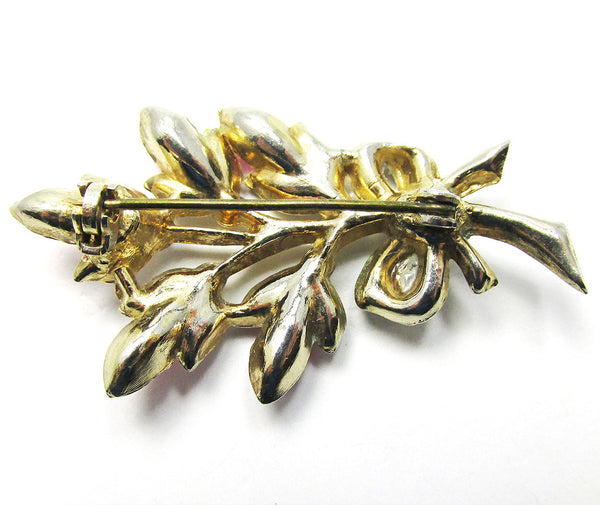 Dainty Vintage 1950s Mid-Century Diamante Floral Spray Pin - Back
