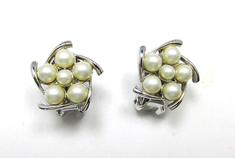 Signed Bogoff Vintage 1950s Mid-Century Designer Pearl Floral Earrings - Front