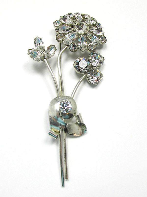 Coro Sterling Vintage 1940s Clear Rhinestone Floral Bouquet Pin - Front
