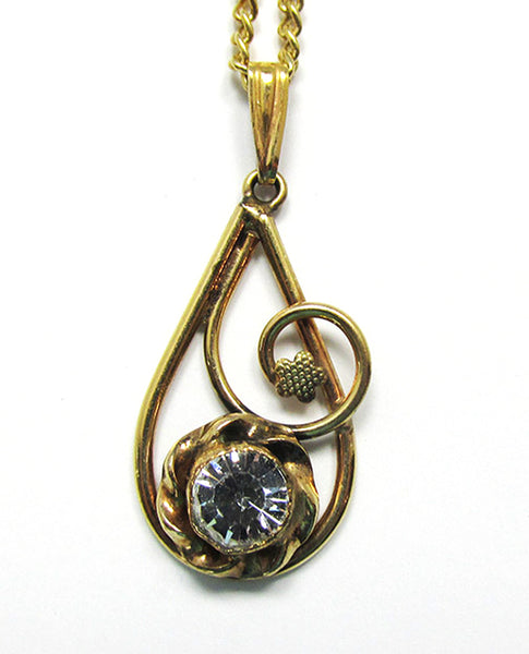 AMCO Vintage 1940s Gold Filled Abstract Clear Rhinestone Pendant - Close Up
