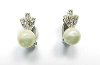 Panetta Vintage 1950s Pearl and Rhinestone Clip-Back Earrings - Front - Thumbnail