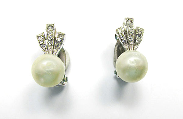 Panetta Vintage 1950s Pearl and Rhinestone Clip-Back Earrings - Front