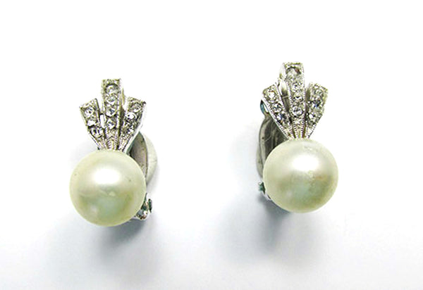 Panetta Vintage 1950s Pearl and Rhinestone Clip-Back Earrings - Front