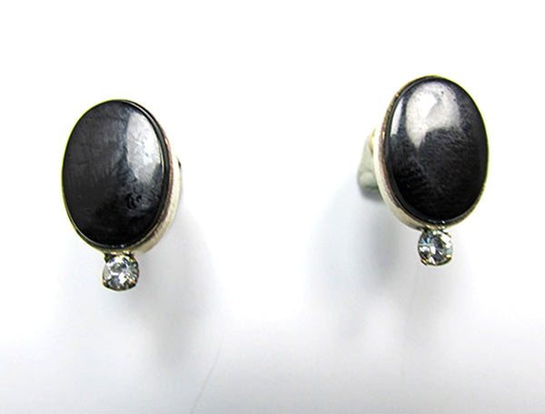 Van Dell Vintage 1950s Onyx and Rhinestone Gold-Filled Earrings - Front