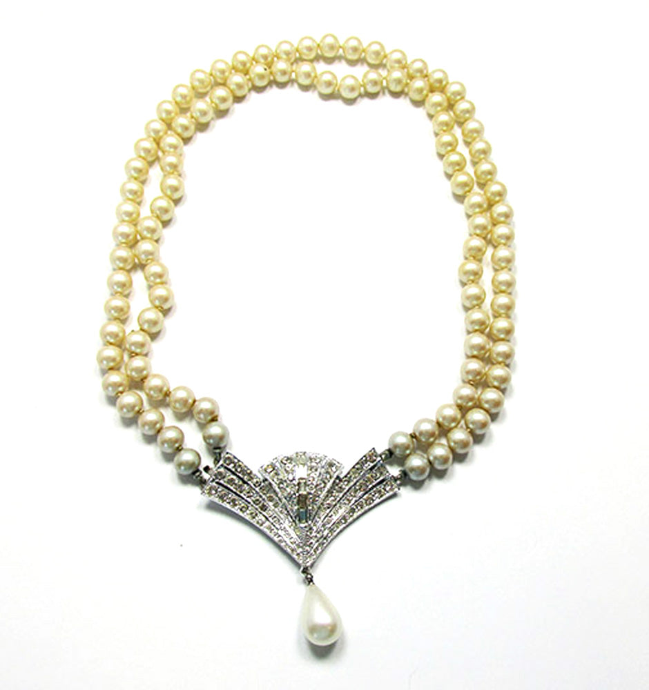 1950s Art Deco Style Clear Rhinestone and Pearl Necklace
