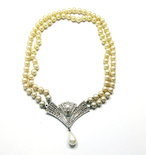 1950s Art Deco Style Clear Rhinestone and Pearl Necklace - Front