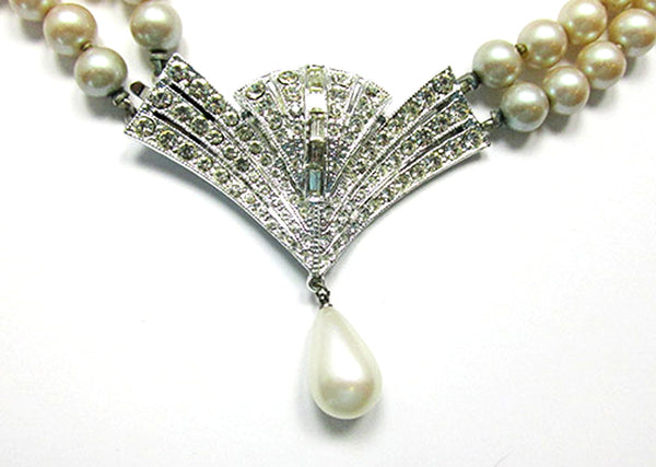 1950s Art Deco Style Clear Rhinestone and Pearl Necklace - Centerpiece