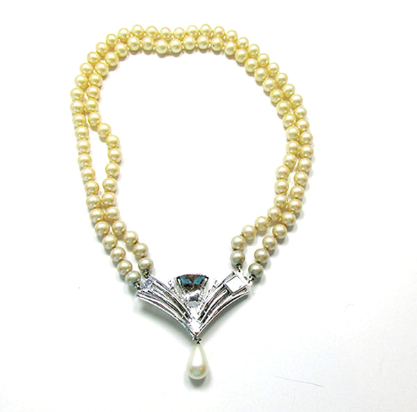 1950s Art Deco Style Clear Rhinestone and Pearl Necklace - Back