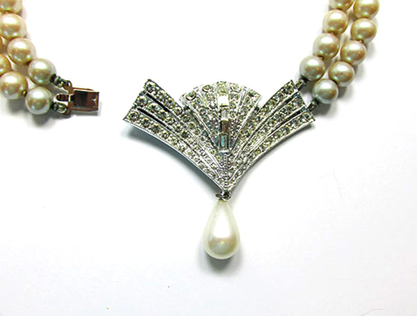 1950s Art Deco Style Clear Rhinestone and Pearl Necklace - Closure
